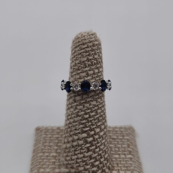 Size 5 Sterling Silver Oval Blue And Round Clear Cubic Zirconia Ring A2734 - Picture 1 of 9